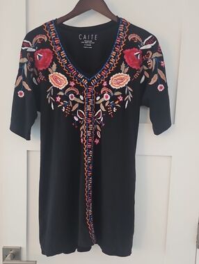 CAITE Black Embroidered V-Neck Tunic with Pink & Orange Floral Detail